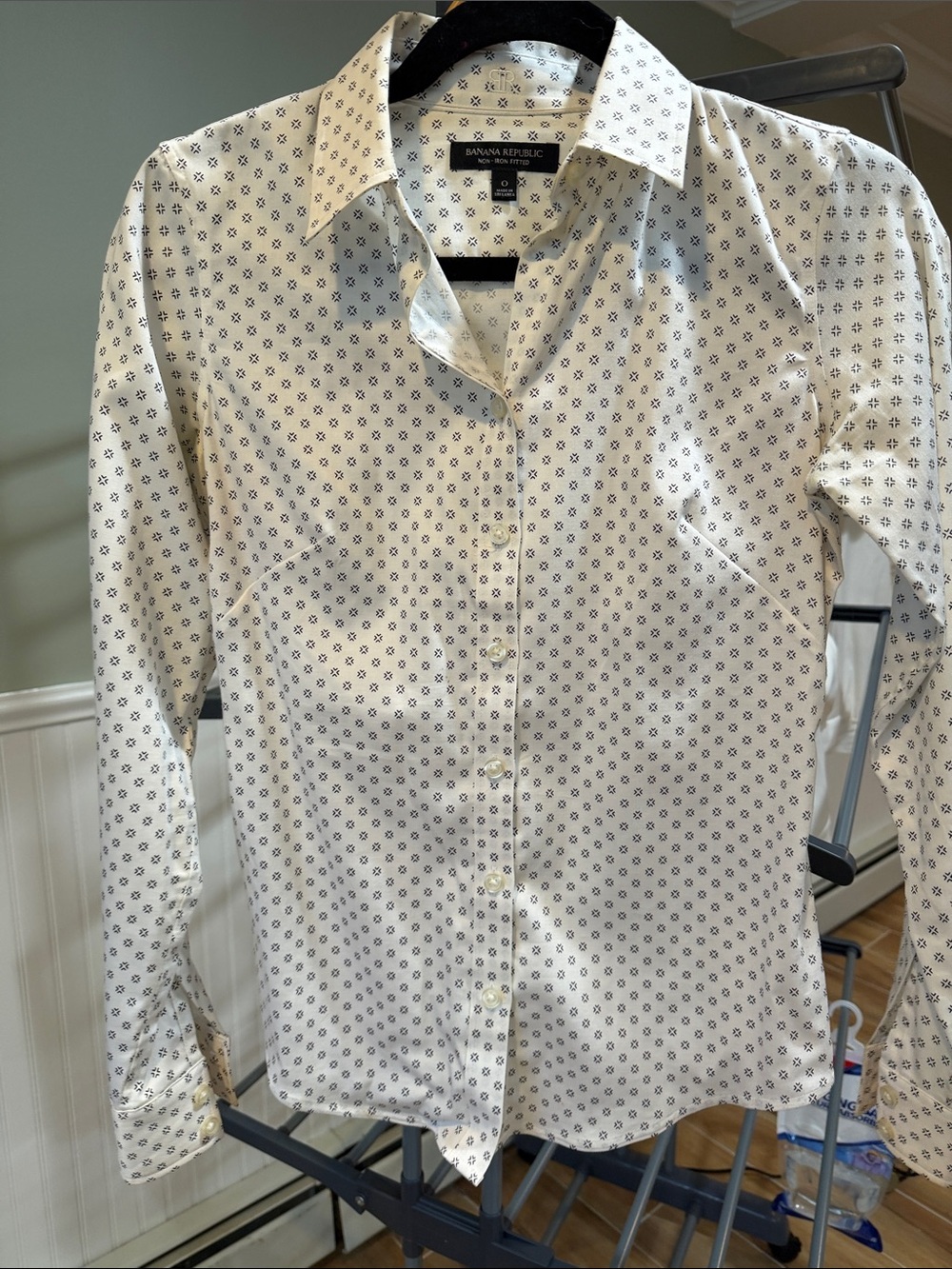 Banana Republic White Button-Down Shirt with Navy Micro Print
